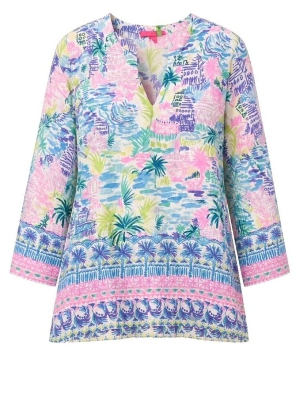 Lilly Pulitzer Linen Sarasota Tunic Turquoise Pink Womens Large Long Sleeve